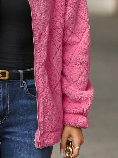 Women's Fuzzy Zip-Up Jacket with Pockets – Soft & Cozy Long Sleeve Outerwear