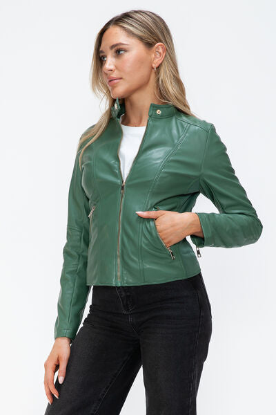 Women Classic Snobbish Faux Leather Zip-Up Drawstring Hooded Jacket Edgy & Casual PU Leather Jacket For Streetwear