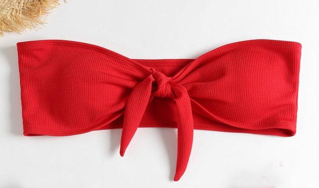 Women's Strapless Bowknot Split Bikini Swimsuit Swimming Suit For Women Women's Tie Knot Front Solid Color Bikini Set Swimsuit Bathing Suits High Cut Bikini Set Strapless Solid Color 2 Pieces Bathing Suit